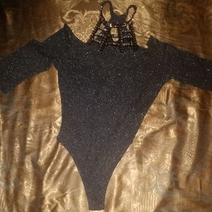 Diamond studded collar glittered bodyblouse and faux leather pants